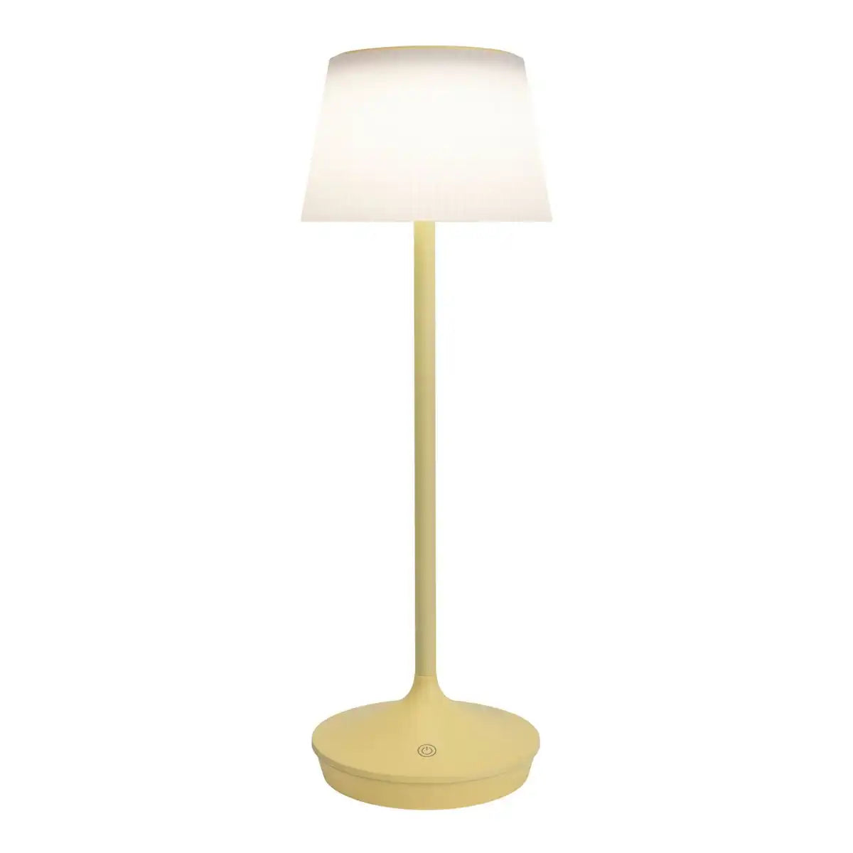 Solar-Akkutischleuchte "EMMI" 38 cm hoch, Schirm Ø 13 cm, Metall in Gelb und weißer Kunststoff, für den Außenbereich, dimmbar CCT.