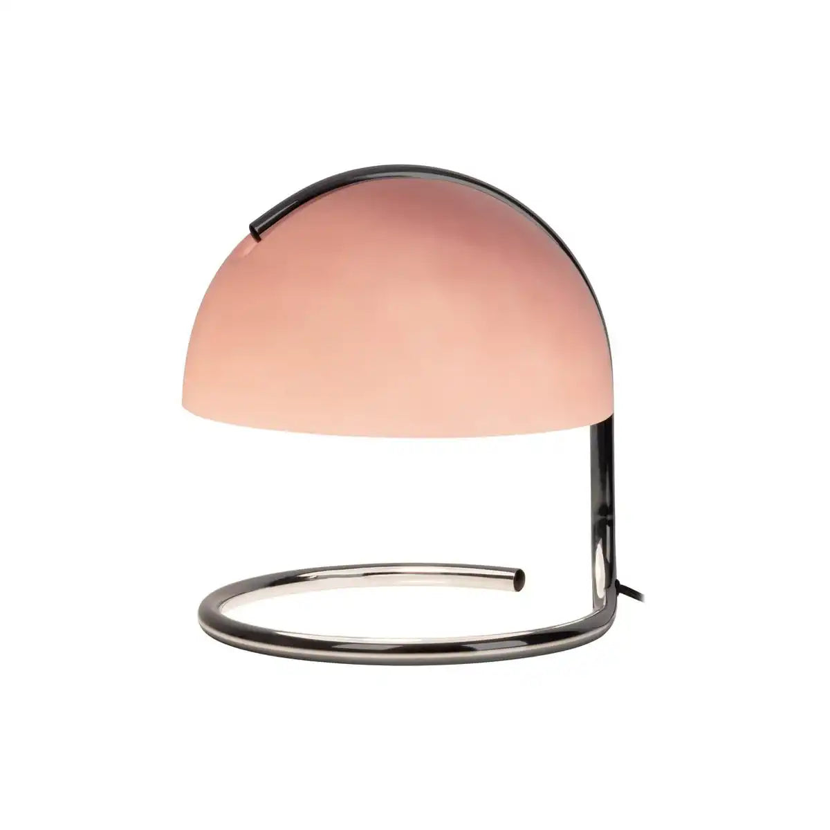 Tischleuchte "BURANO" rosa, ca. 25 cm hoch, Ø 23,5 cm, aus chromfarbenem Metall und rosanem Glas, E27.