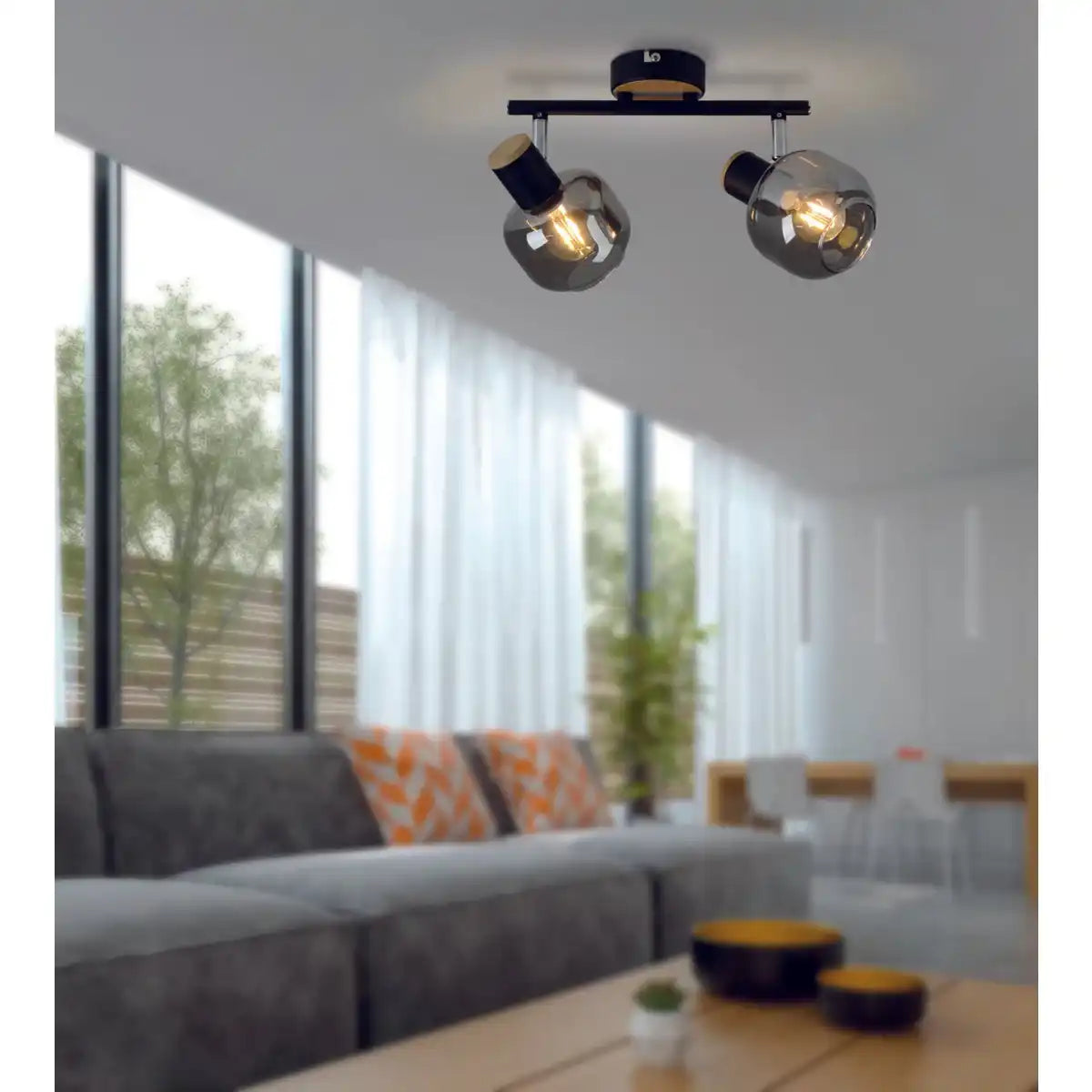 2er Spot Deckenleuchte "FUMOSO", Deckenlampe aus Metall und Rauchglas in Schwarz, und Natur, mit E14-Fassung, für Esszimmer, Wohnzimmer, Diele oder Büro, 40 x 20 cm