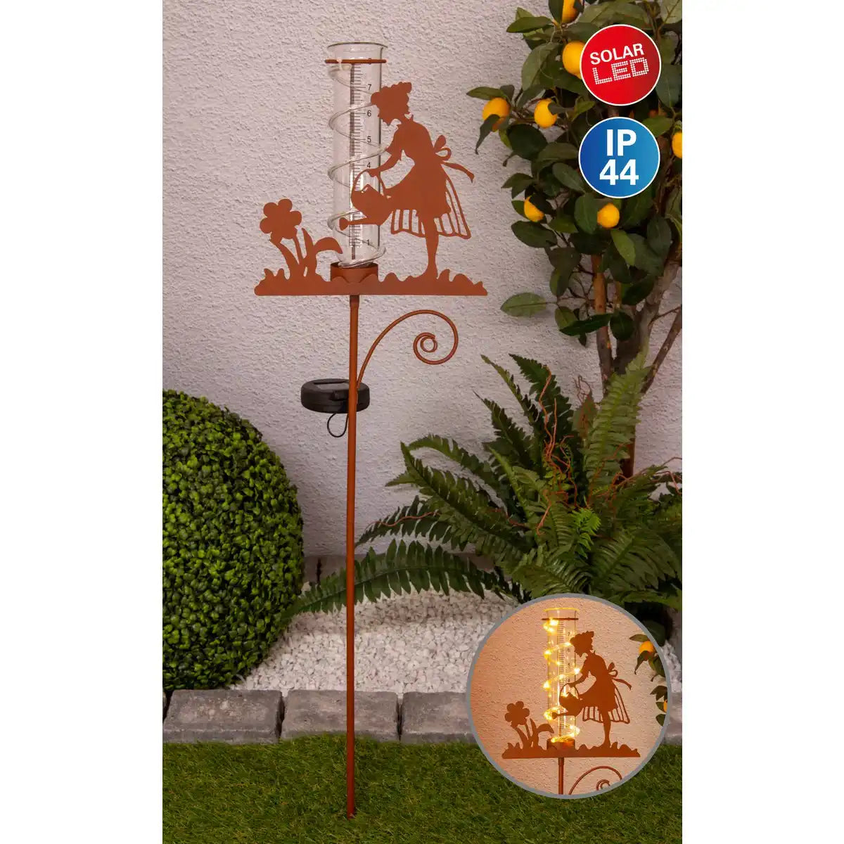 LED-Solar Erdspieß Regenwassermesser h: 95cm , für Außen, Erdspieß aus Metall und Glas und Kunststoff in Braun, mit integrierter LED