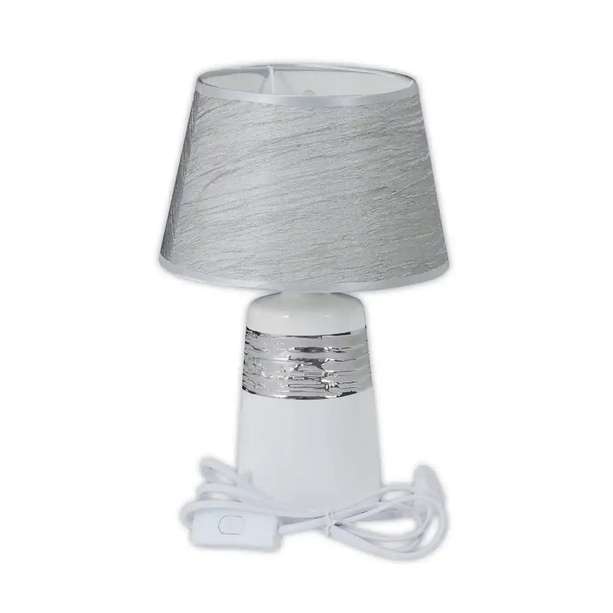 Keramik Tischleuchte "VITTORIA" 31 cm hoch, Ø 20 cm, aus Keramik, Metall und Stoff aus Polyester, Weiß und Silber