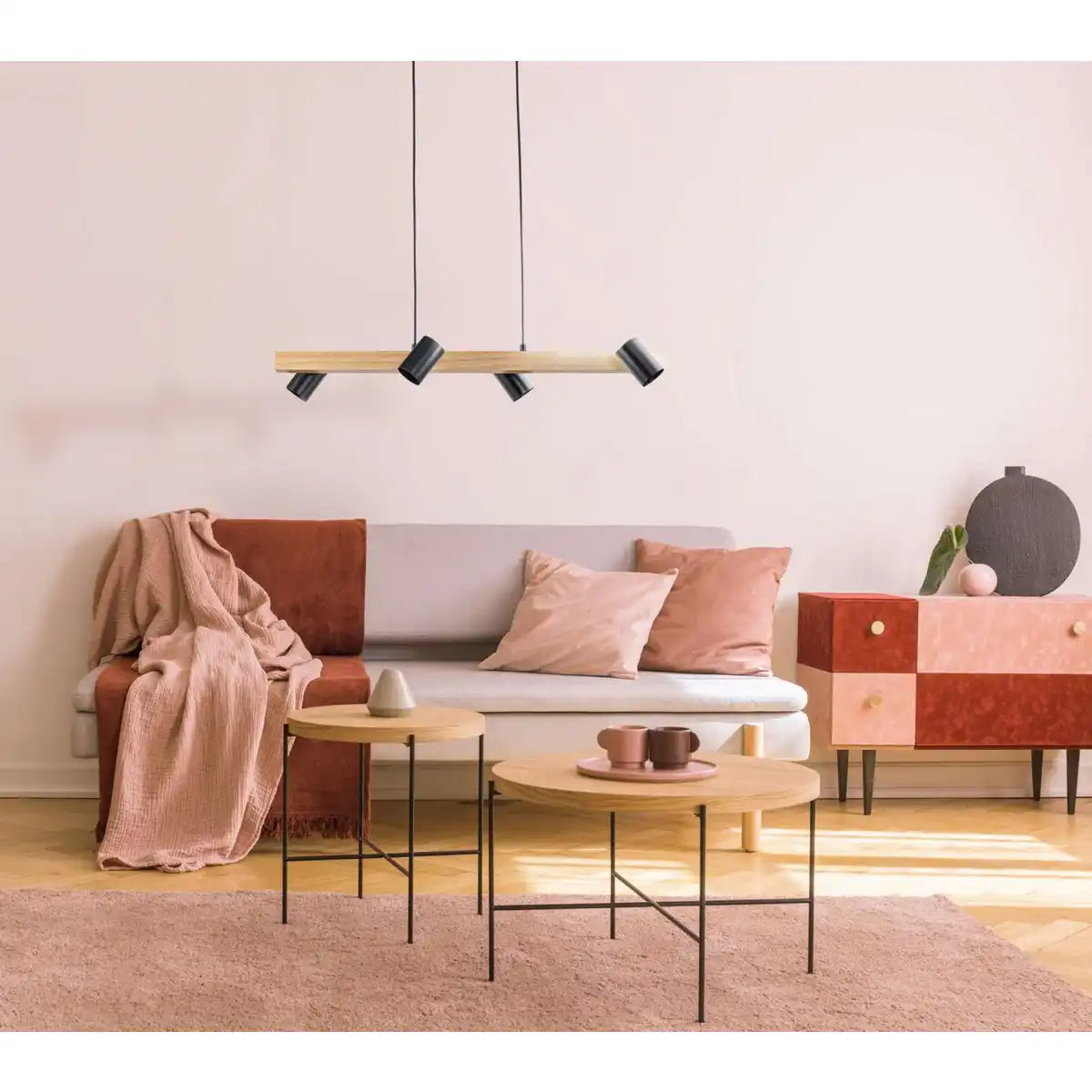 4er Pendelleuchte "FRIDA" Metall und Holz in Schwarz, und natur, Hängelampe, GU10, Pendellampe für Esszimmer, Wohnzimmer, Diele oder Büro, 80 cm lang