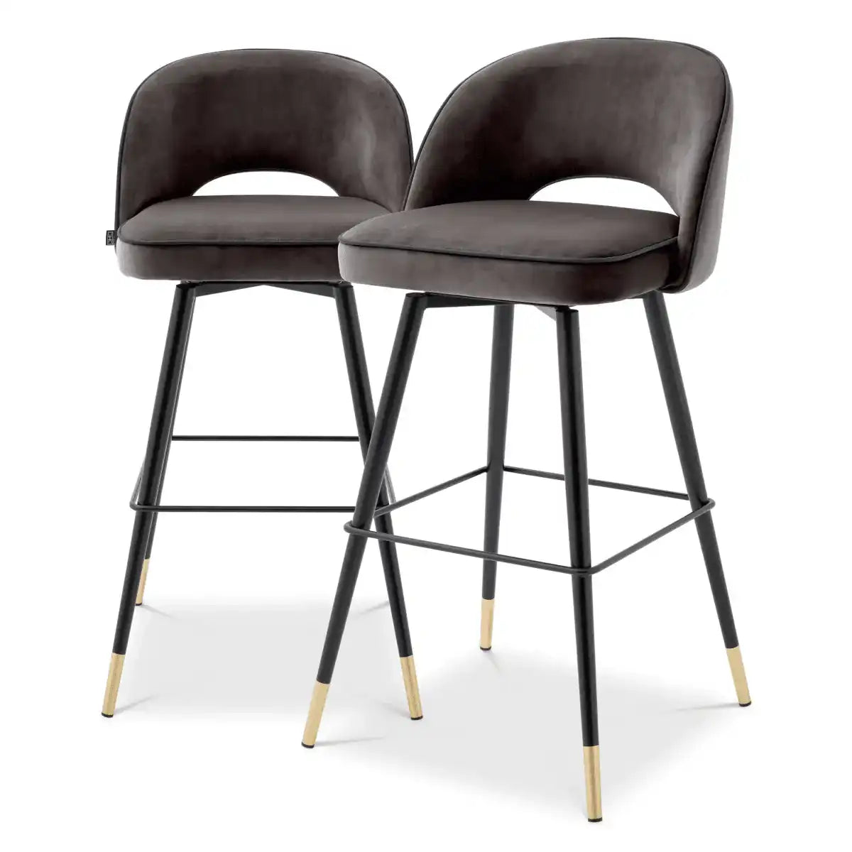 2er Set Barhocker Samt Barstuhl schwarze Kunstlederpaspelierung Messing-Finish - HomeDesign Knaus