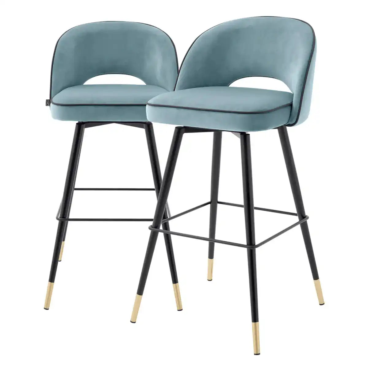 2er Set Barhocker Samt Barstuhl schwarze Kunstlederpaspelierung Messing-Finish - HomeDesign Knaus