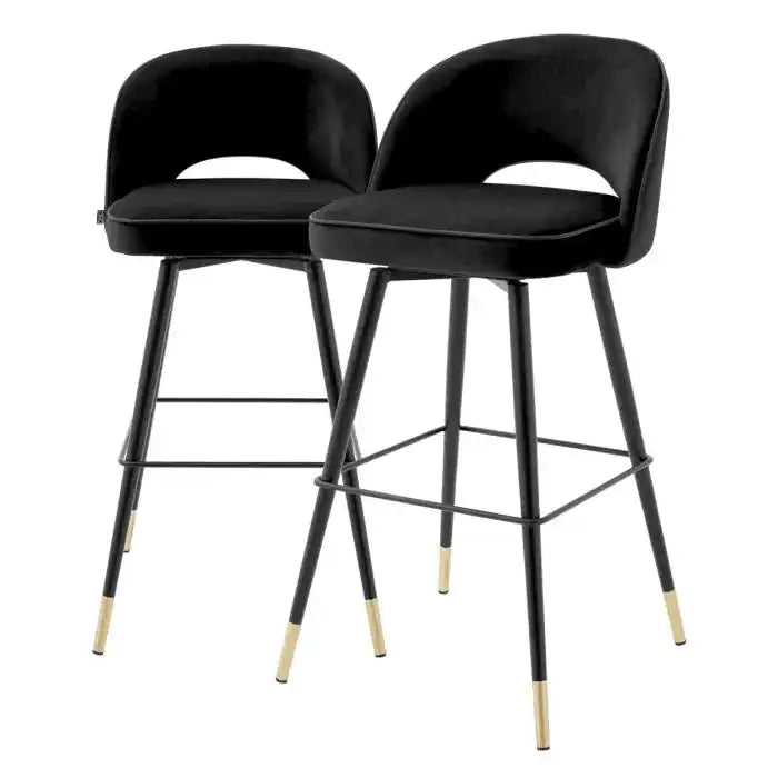 2er Set Barhocker Samt Barstuhl schwarze Kunstlederpaspelierung Messing-Finish - HomeDesign Knaus