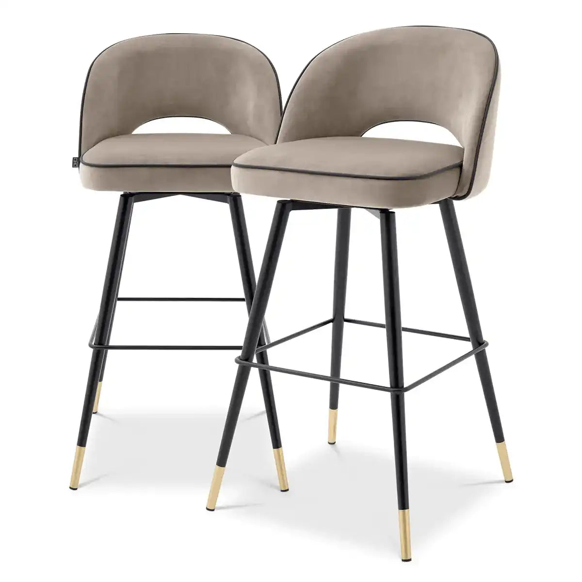 2er Set Barhocker Samt Barstuhl schwarze Kunstlederpaspelierung Messing-Finish - HomeDesign Knaus
