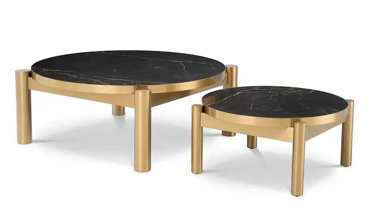 2er-Set Couchtisch Quest Handarbeit Gebürstetes Messingfinish Keramik-Marmor - HomeDesign Knaus