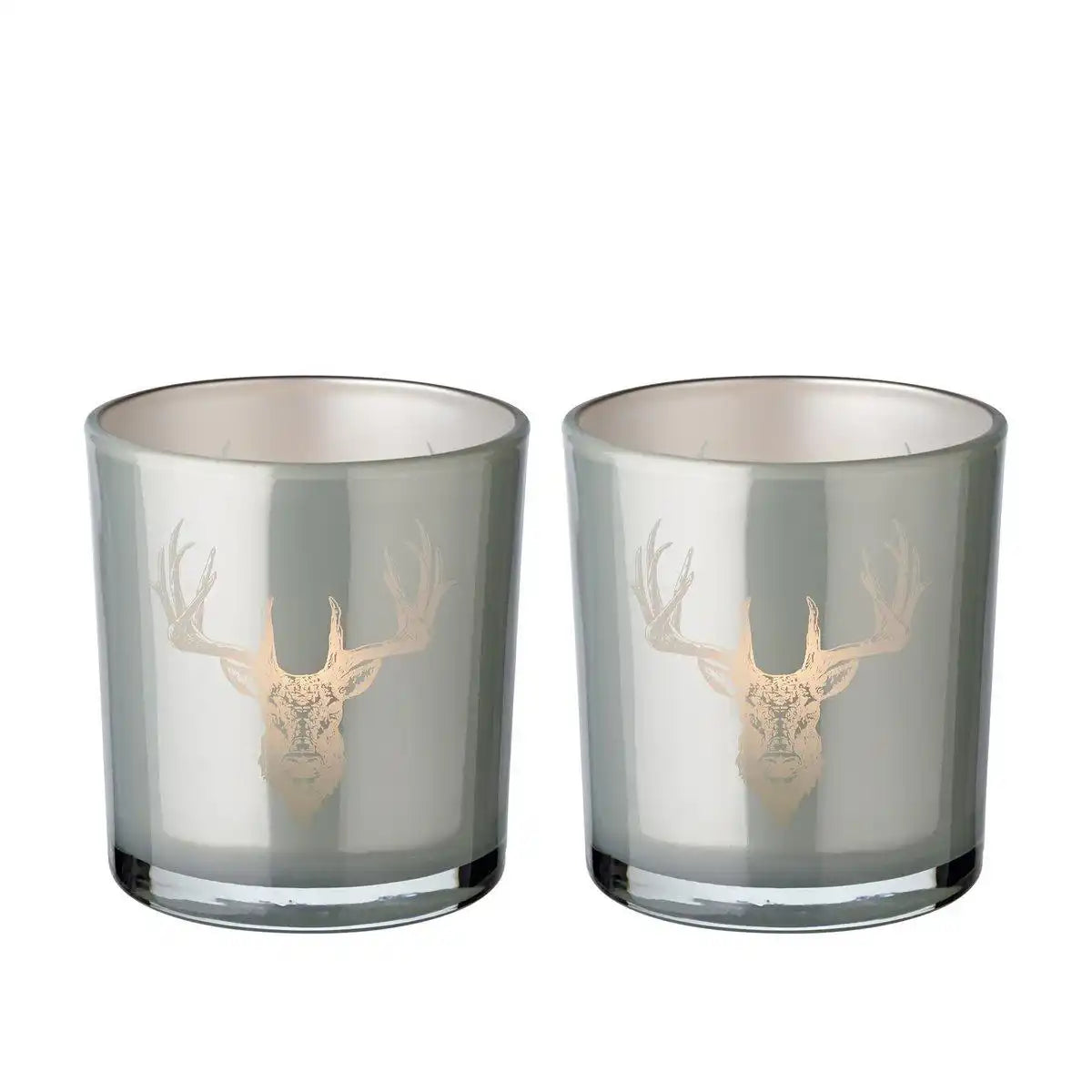 2er-Set Teelichtglas Eto (Höhe 8 cm, Ø 7 cm), grau, Windlicht mit Hirsch-Motiv - HomeDesign Knaus