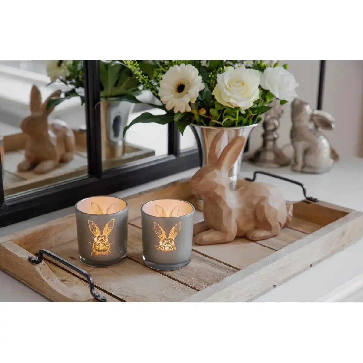 2er Set Teelichtglas Hase (Höhe 8 cm, ø 7,5 cm), in Grau, Teelichthalter Windlicht mit Hasen-Motiv - HomeDesign Knaus