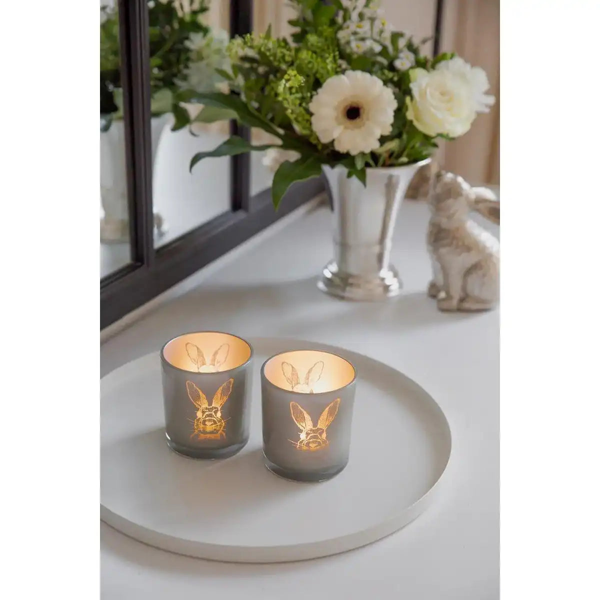 2er Set Teelichtglas Hase (Höhe 8 cm, ø 7,5 cm), in Grau, Teelichthalter Windlicht mit Hasen-Motiv - HomeDesign Knaus