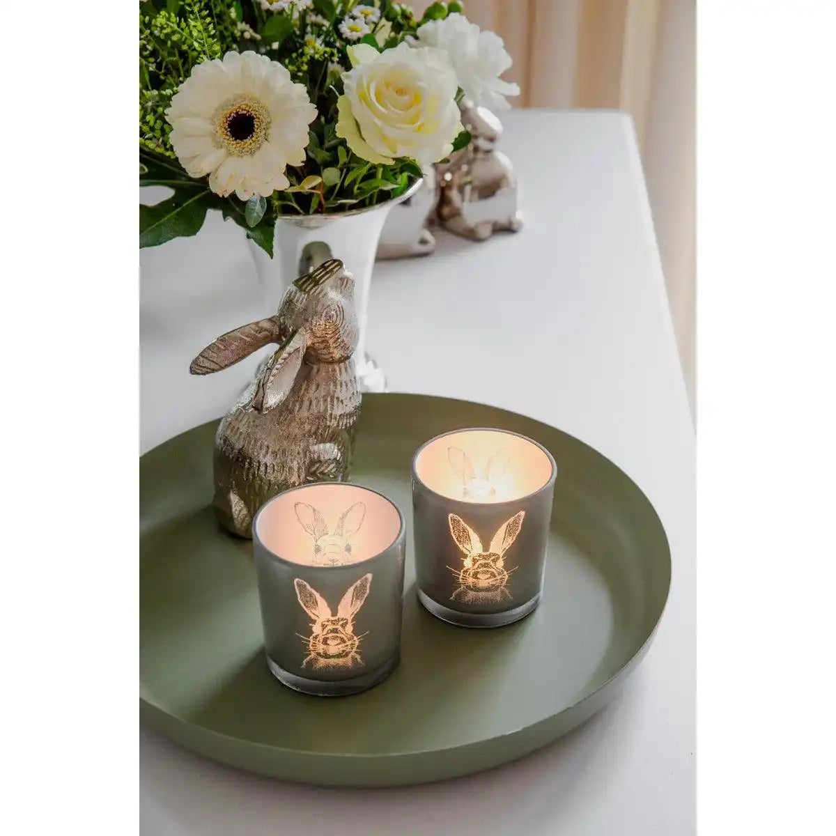 2er Set Teelichtglas Hase (Höhe 8 cm, ø 7,5 cm), in Grau, Teelichthalter Windlicht mit Hasen-Motiv - HomeDesign Knaus