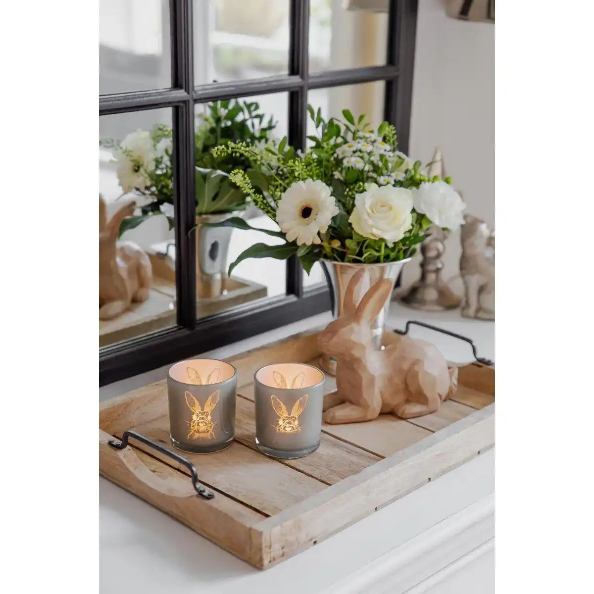 2er Set Teelichtglas Hase (Höhe 8 cm, ø 7,5 cm), in Grau, Teelichthalter Windlicht mit Hasen-Motiv - HomeDesign Knaus