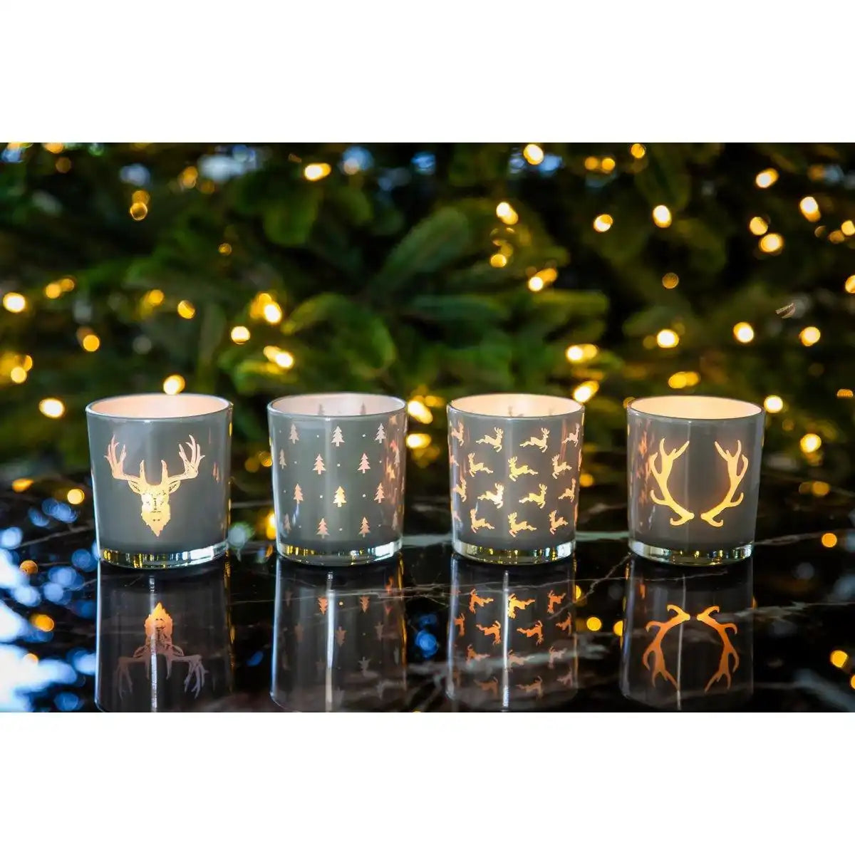 2er-Set Teelichtglas Hiti (Höhe 8 cm, ø 7 cm), grau, Windlicht mit Rentier-Motiv - HomeDesign Knaus