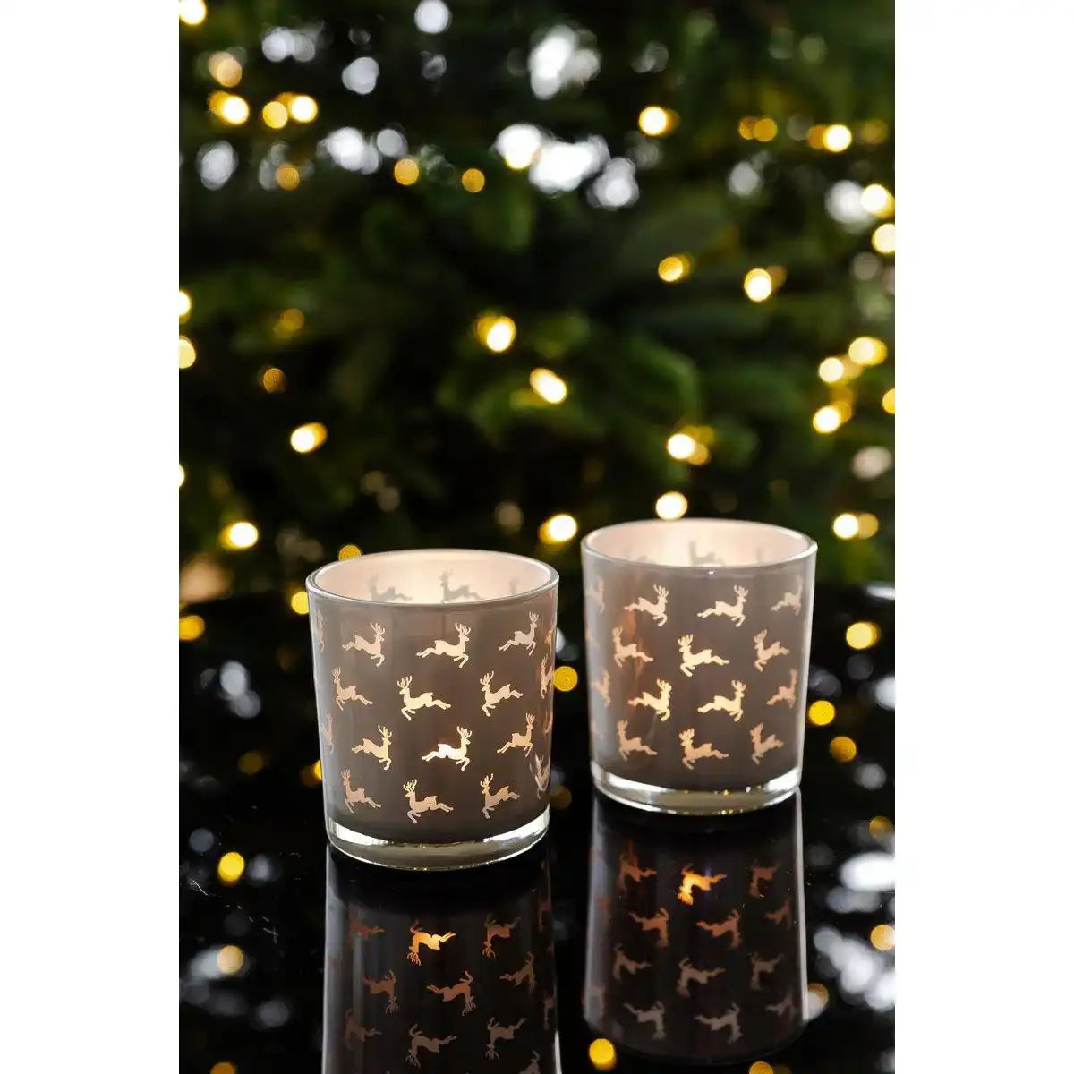 2er-Set Teelichtglas Hiti (Höhe 8 cm, ø 7 cm), grau, Windlicht mit Rentier-Motiv - HomeDesign Knaus