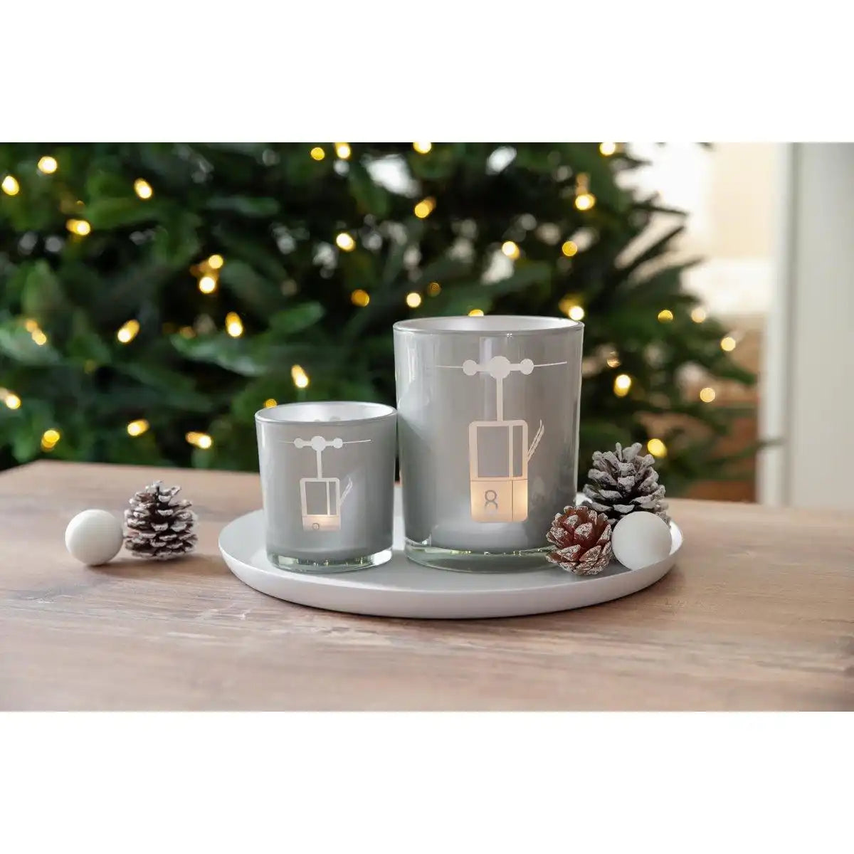 2er-Set Teelichtglas Lift (Höhe 8 cm, ø 7,5 cm) in Grau, Windlicht mit sportlichem Skilift-Motiv - HomeDesign Knaus