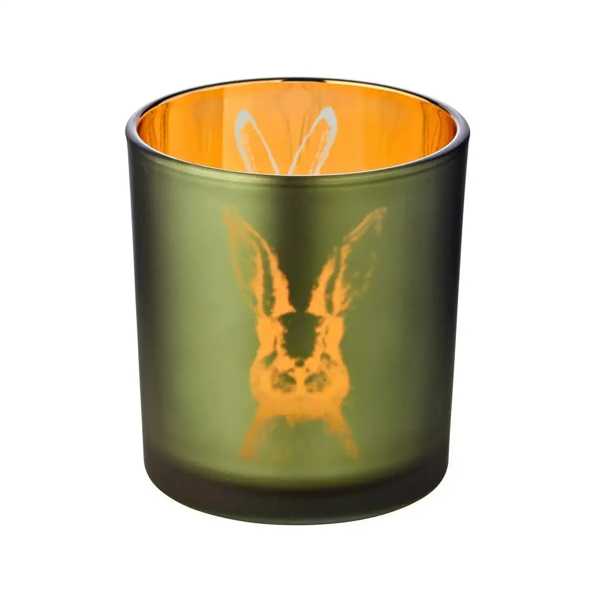 2er-Set Windlicht Teelichtglas Hase, außen grün / innen gold, Hasen-Design, Höhe 8 cm, ø 7 cm - HomeDesign Knaus