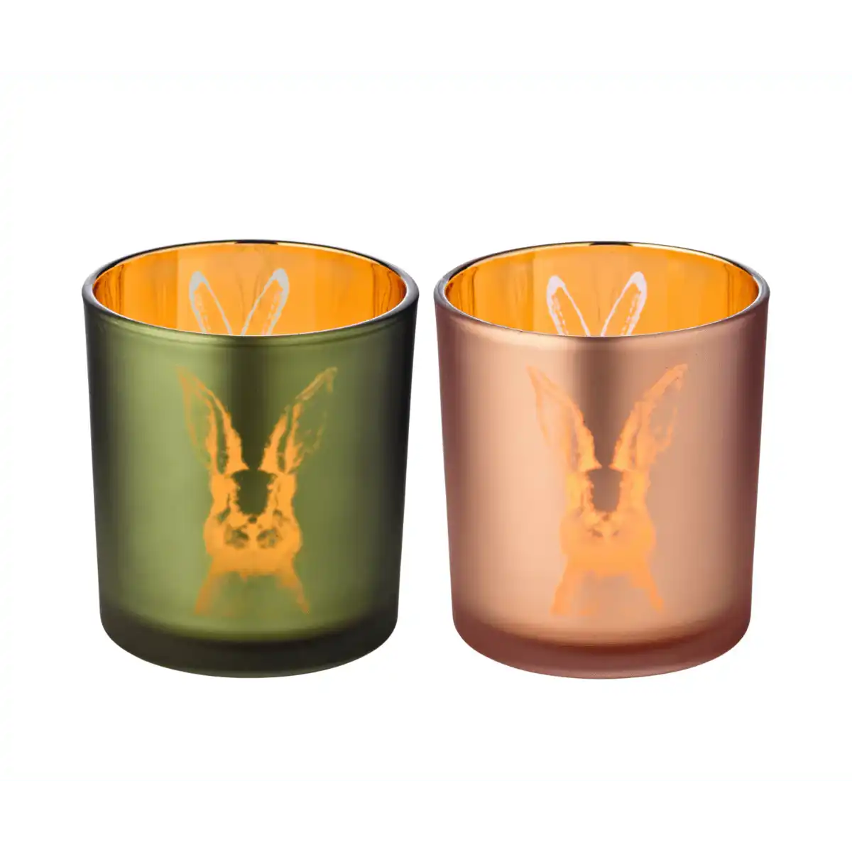2er-Set Windlicht Teelichtglas Hase, grün / rosa, Hasen-Design, Höhe 8 cm, ø 7 cm - HomeDesign Knaus