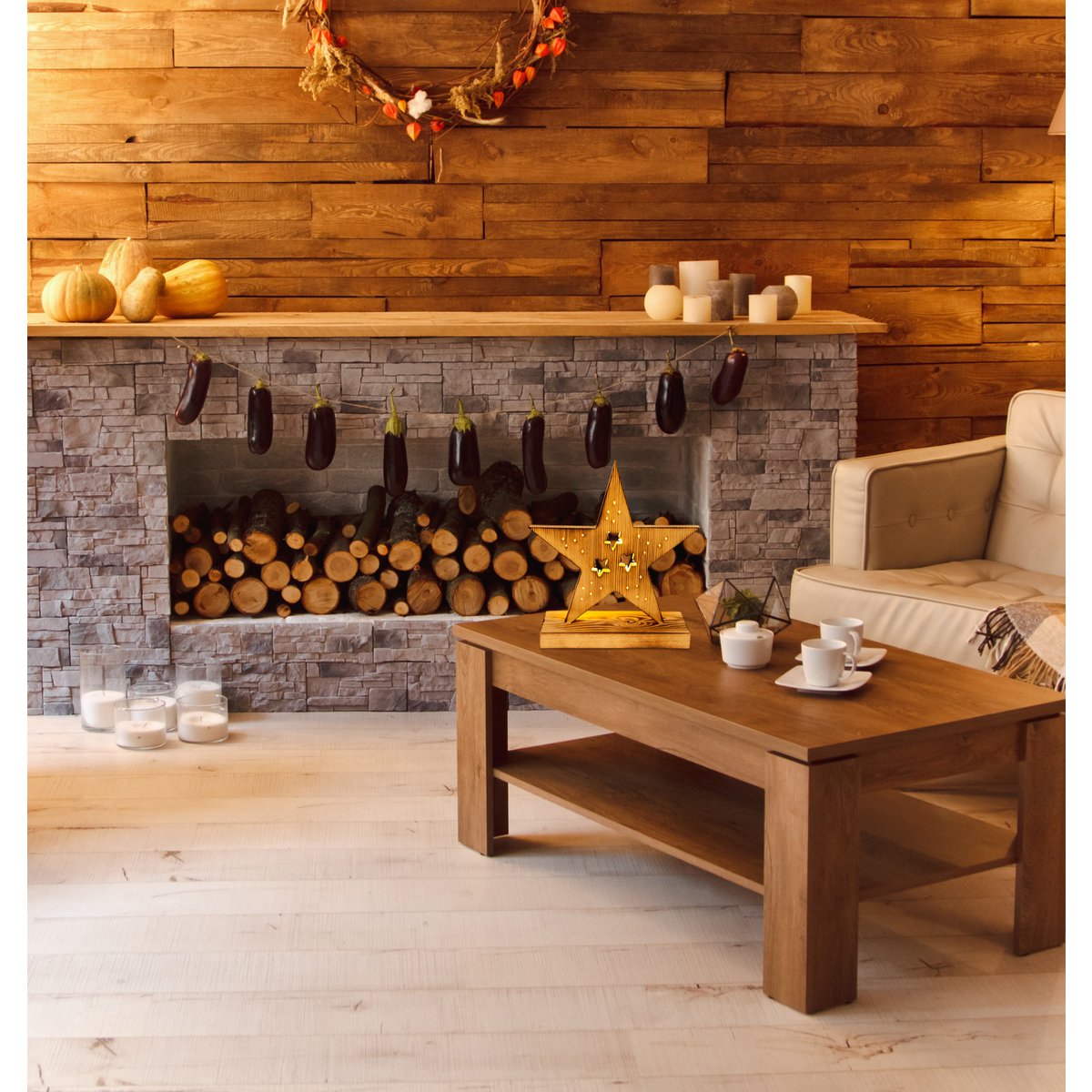 LED-Holzstern 29 cm hoch Weihnachtsdeko aus Holz in natur, mit fest verbauten LEDs