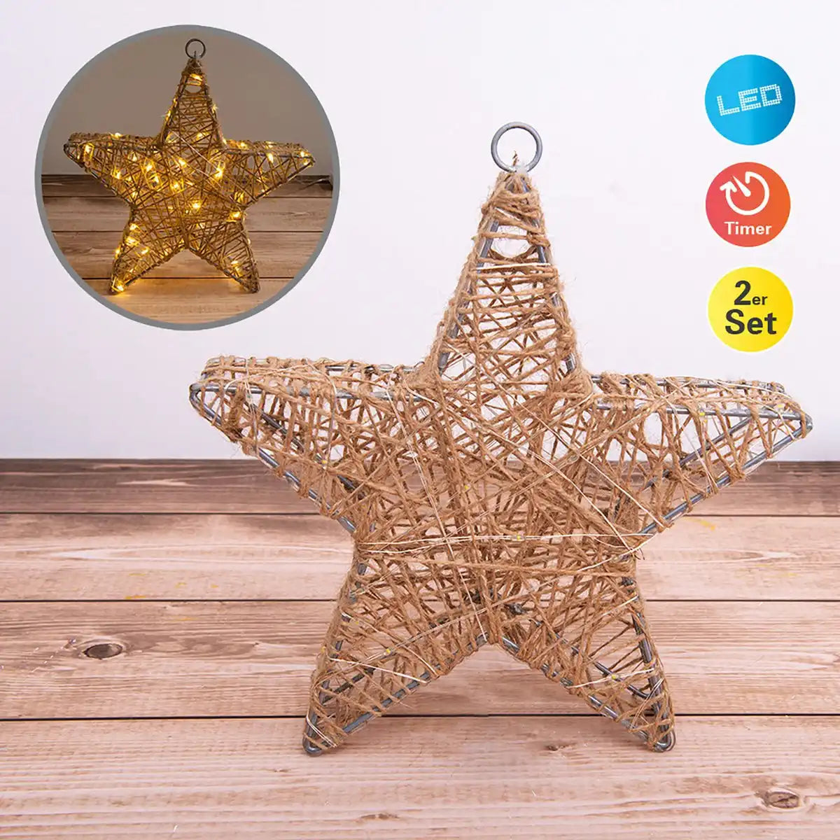 2er-Set LED-Weihnachtsdeko "Metallstern" Ø 25 cm - Weihnachtsdeko aus Metall und Textil in natur, mit fest verbauten LEDs