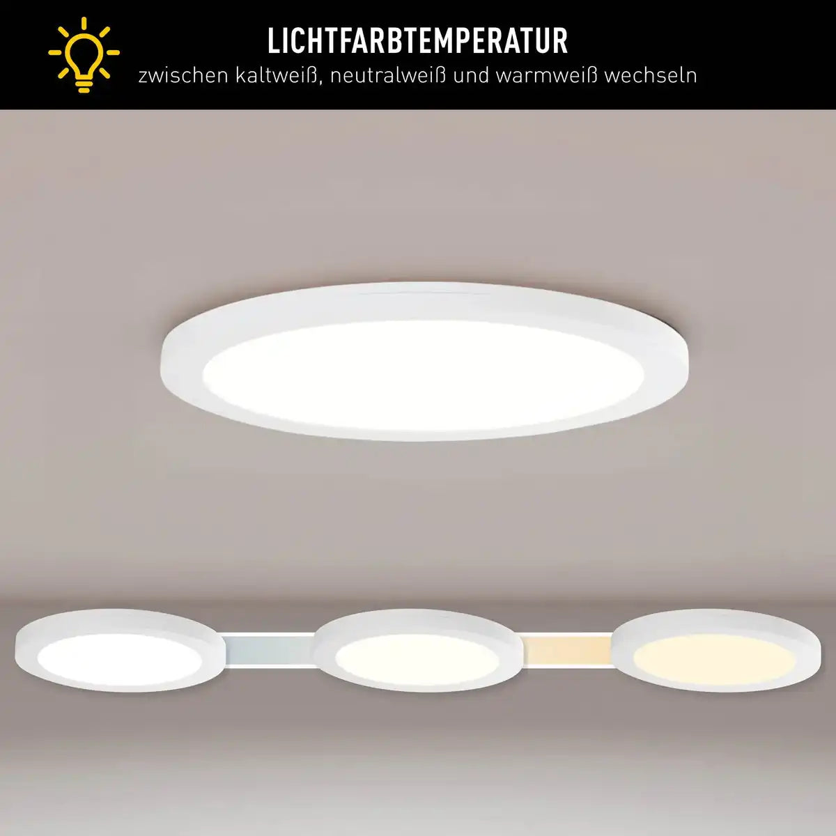 LED Deckenleuchte "BONUS" Ø21,7 cm, Funktionsleuchte Einbau- und Aufbau möglich, Deckenlampe aus Metall und Kunststoff in weiß, mit fest verbauten LEDs, inkl. CCT-Farbwechsler