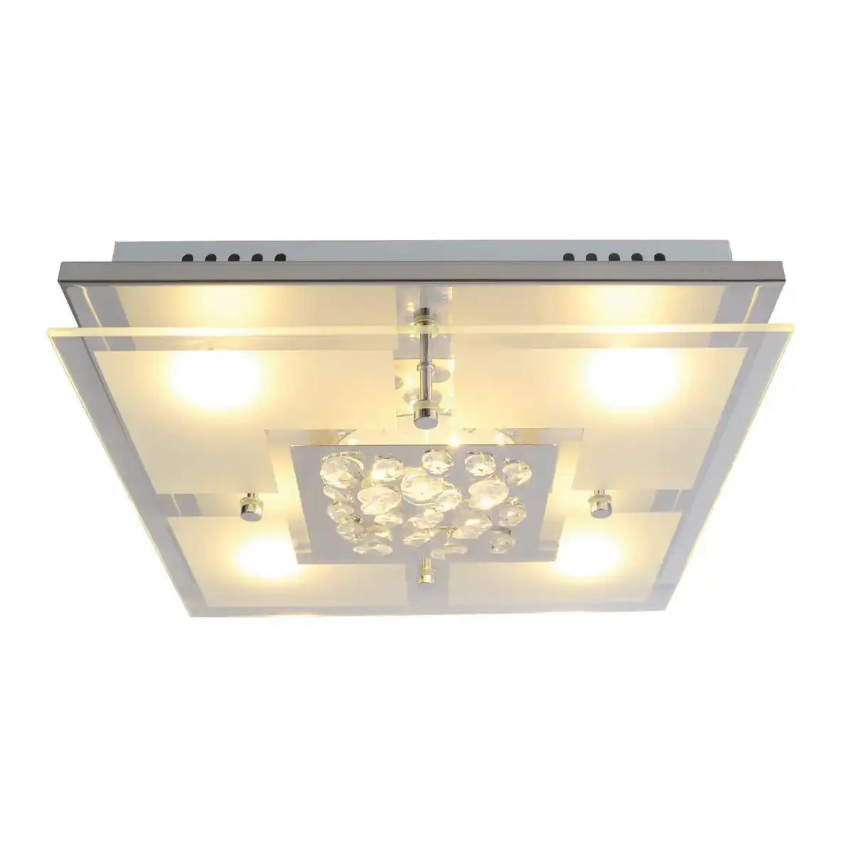 Die LED Deckenleuchte "CHUR" 30 x 30 cm, chomfarbenes Metall, teilsatiniertes Glas, integrierte LEDs, warmweiß