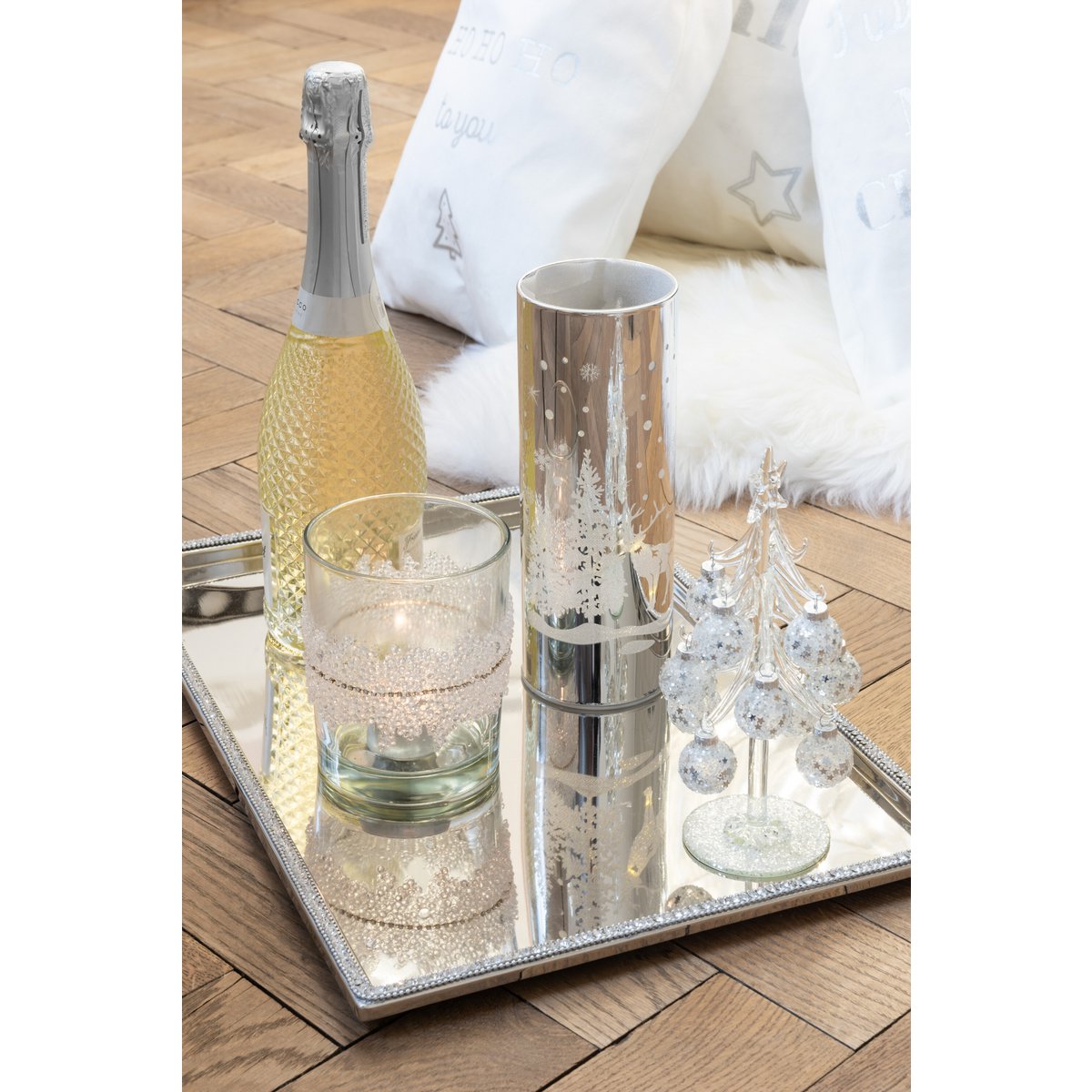 J-Line Baum mit Kugeln Sterne - Glas - Silber - klein