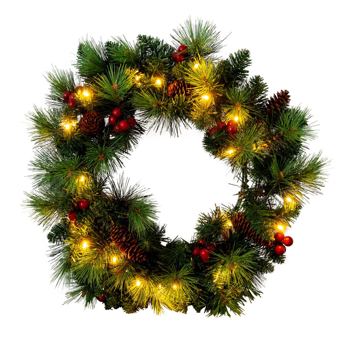 LED-Weihnachtskranz "NOEL" Außen-Deko aus Metall und Kunststoff in Grün und Gold, mit fest verbauten LEDs