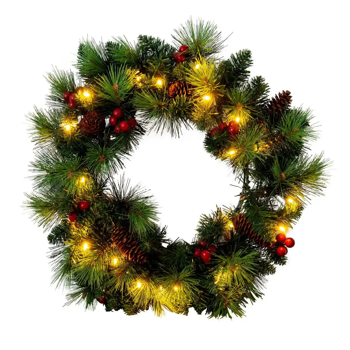 LED-Weihnachtskranz "NOEL" Außen-Deko aus Metall und Kunststoff in Grün und Gold, mit fest verbauten LEDs