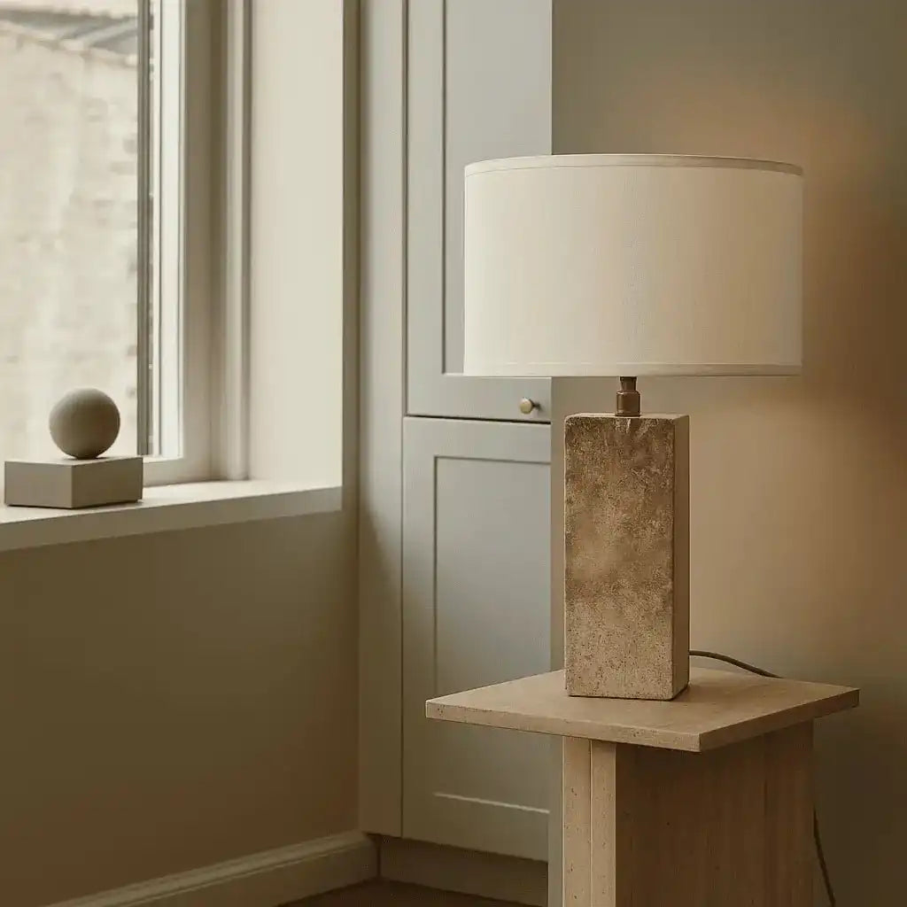 Rosie Travertinlampe – Eleganter Naturstein mit Baumwollschirm