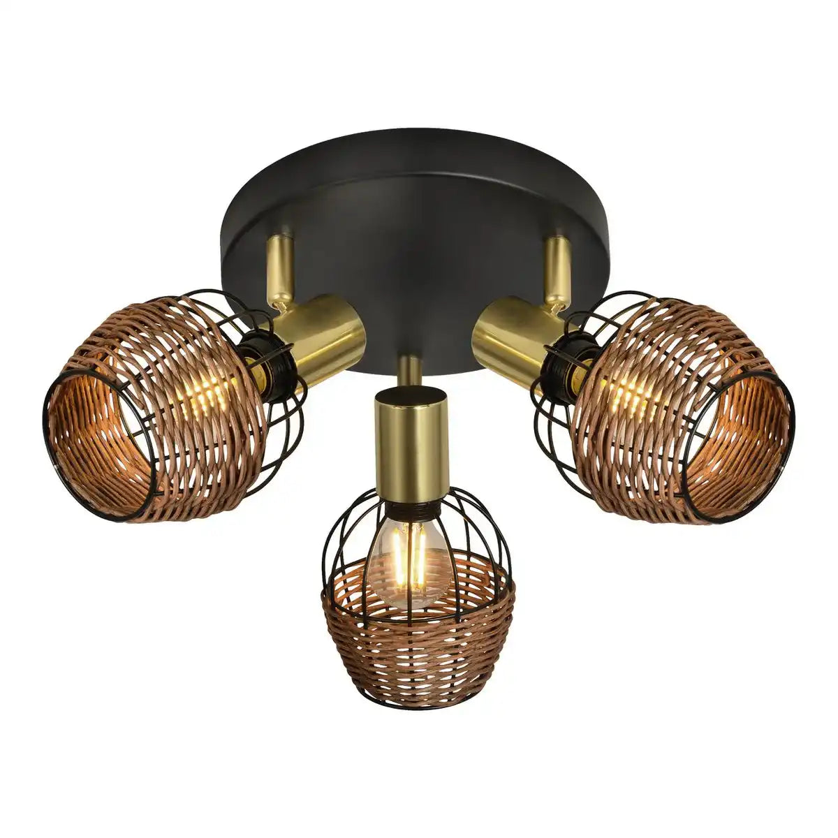 3er Deckenrondell "CORBIS", Spot aus Metall in Schwarz, mit Gold und Rattan, mit E14-Fassung, für Esszimmer, Wohnzimmer, Diele oder Büro, Beleuchtung für Wohnzimmer, Esszimmer oder Büro, 38 cm Durchmesser