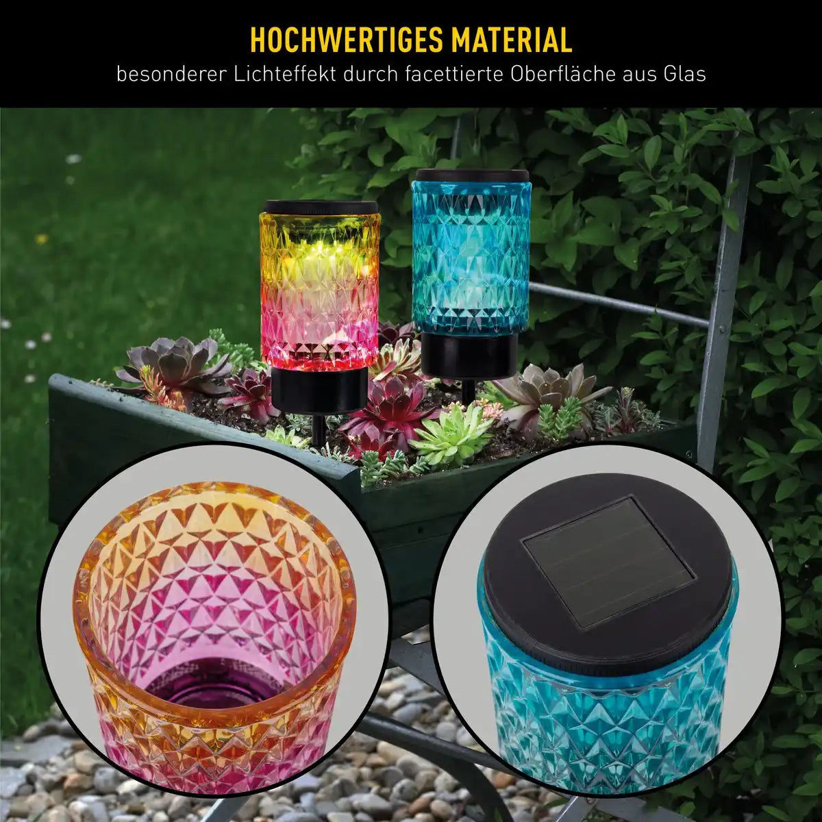 Solar-Dekoerdspieße "MILA"2er Set, Ø 8,3 cm, 25 cm hoch, schwarzes Metall, schweres, strukturiertes Glas in Rot/Gelb und in Blau/Grün, integrierte LED, warmweiß