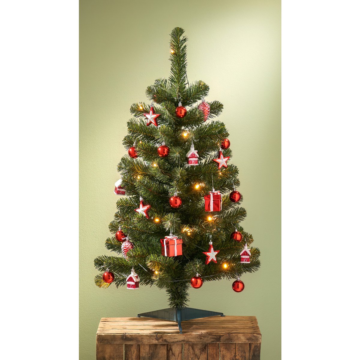 Künstlicher Weihnachtsbaum mit 26 Ornamenten und LED-Beleuchtung – H90 x Ø50 cm – Grün, Rot