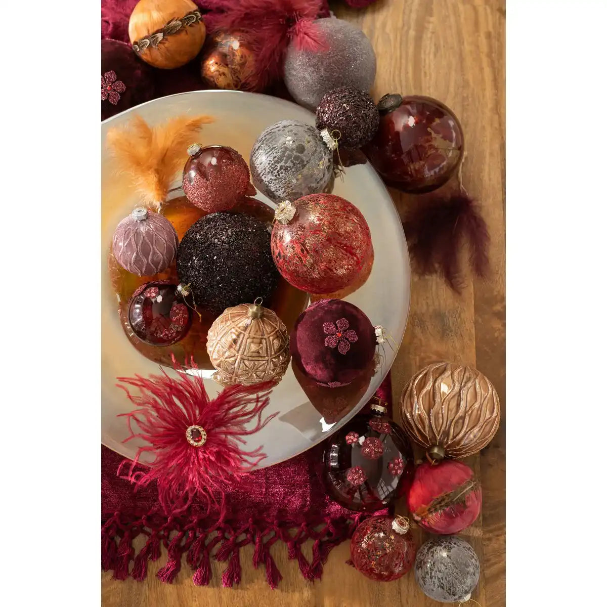 J-Line Weihnachtskugel Blumen – Glas – Burgunderrot – groß – 4er-Box