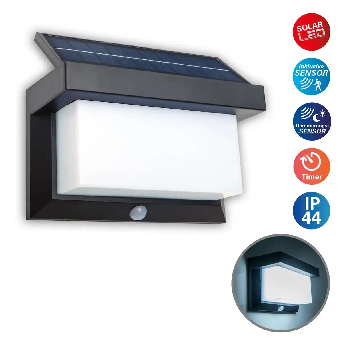 LED Solar Außenwandleuchte mit Bewegungsmelder , für Außen, Wandleuchte - Kunststoff in Schwarz, mit integrierter LED