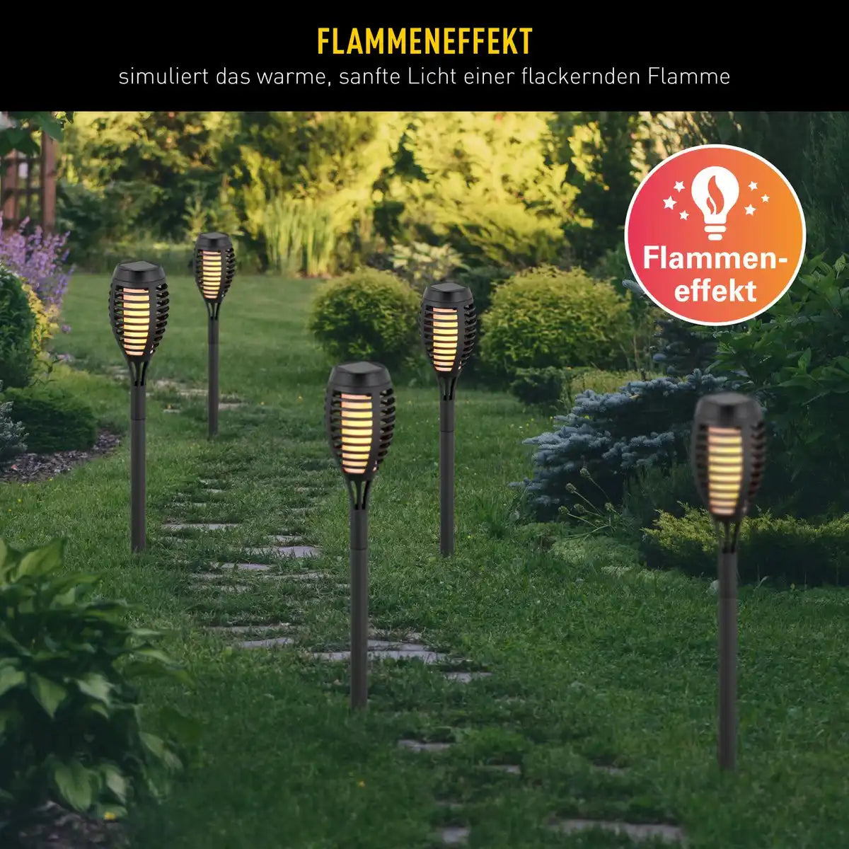 5er Set LED Erdspieß "Fackel" 45 cm aus grauem Kunststoff, mit integrierter LED, Solarleuchte für Außen
