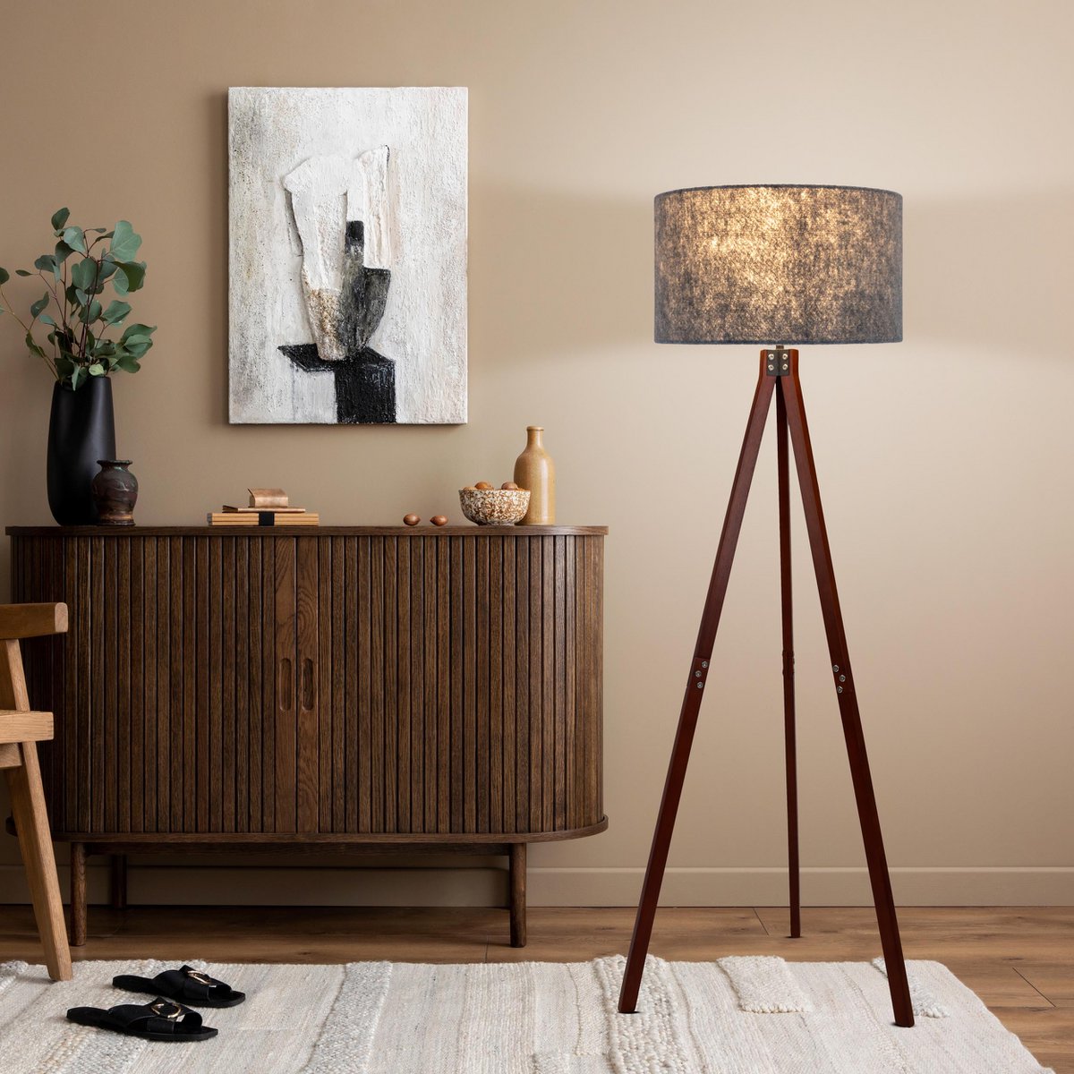 Stehleuchte "FILCO" Ø ca. 45 cm, 147 cm hoch, aus Holz und Kunststoff in Braun und Grau, für E27, für Wohnzimmer, Schlafzimmer und Esszimmer