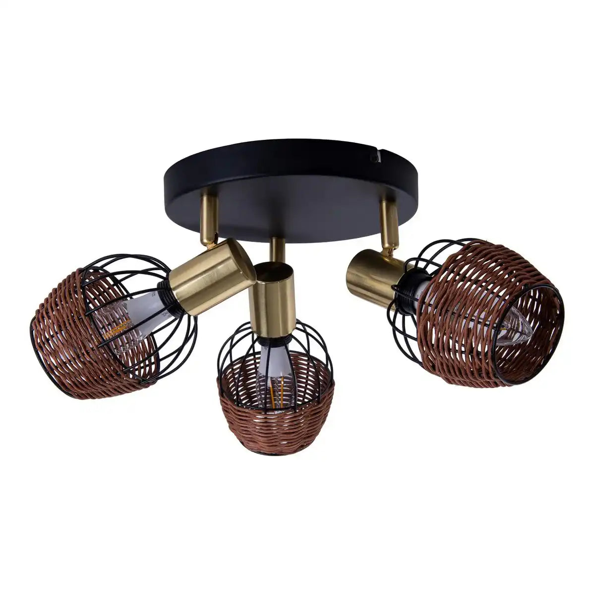 3er Deckenrondell "CORBIS", Spot aus Metall in Schwarz, mit Gold und Rattan, mit E14-Fassung, für Esszimmer, Wohnzimmer, Diele oder Büro, Beleuchtung für Wohnzimmer, Esszimmer oder Büro, 38 cm Durchmesser