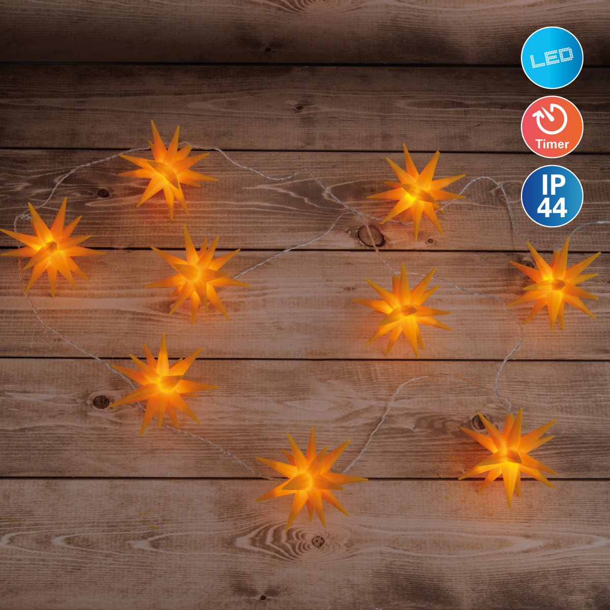 LED-Lichterkette "3D-STERNE" aus Kunststoff in gelb, mit fest verbauten LEDs, Weihnachtsdeko für Außen