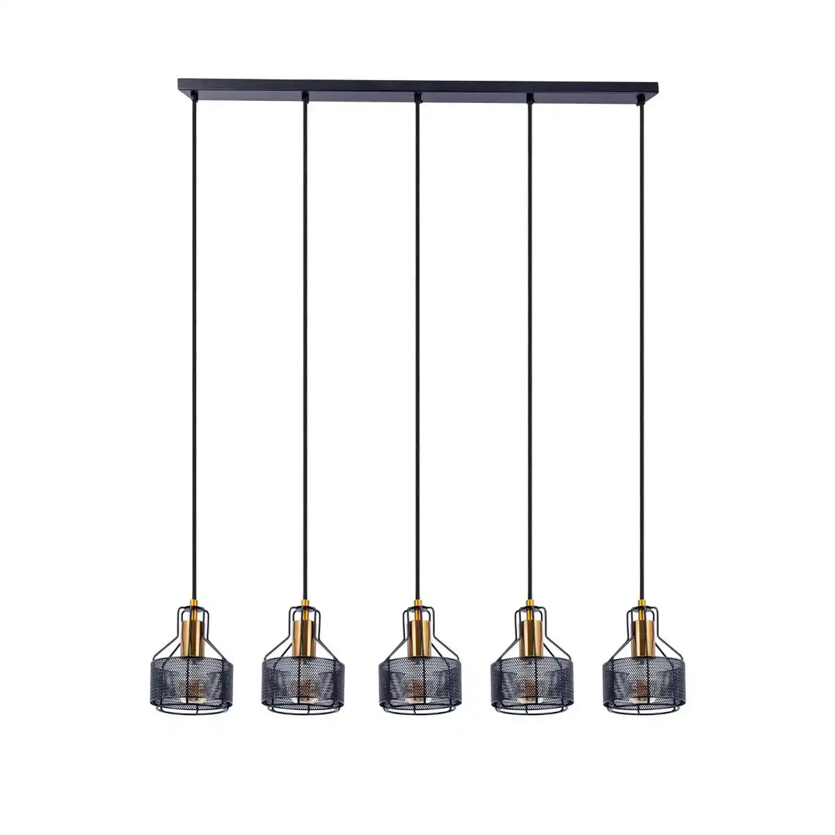 5er Pendelleuchte "FORO" Retro Pendellampe aus Metall in Schwarz, und Gold mit E27-Fassungen, 96 cm lang. Stilvolle Beleuchtung für Wohnzimmer, Esszimmer oder Küche.