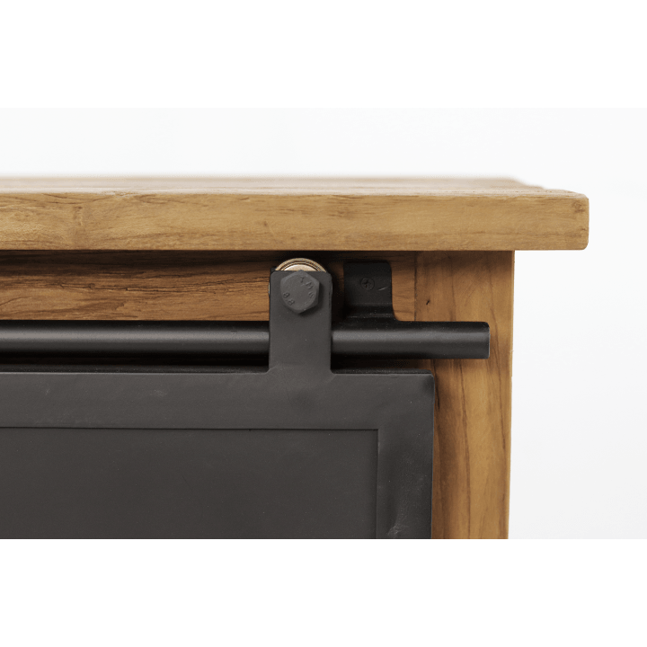 HSM Collection-TV-Möbel Blackburn, 2 Türen, 4 Schubladen, 150 x 40 x 56,5, Natur/Schwarz, Teak/Metall