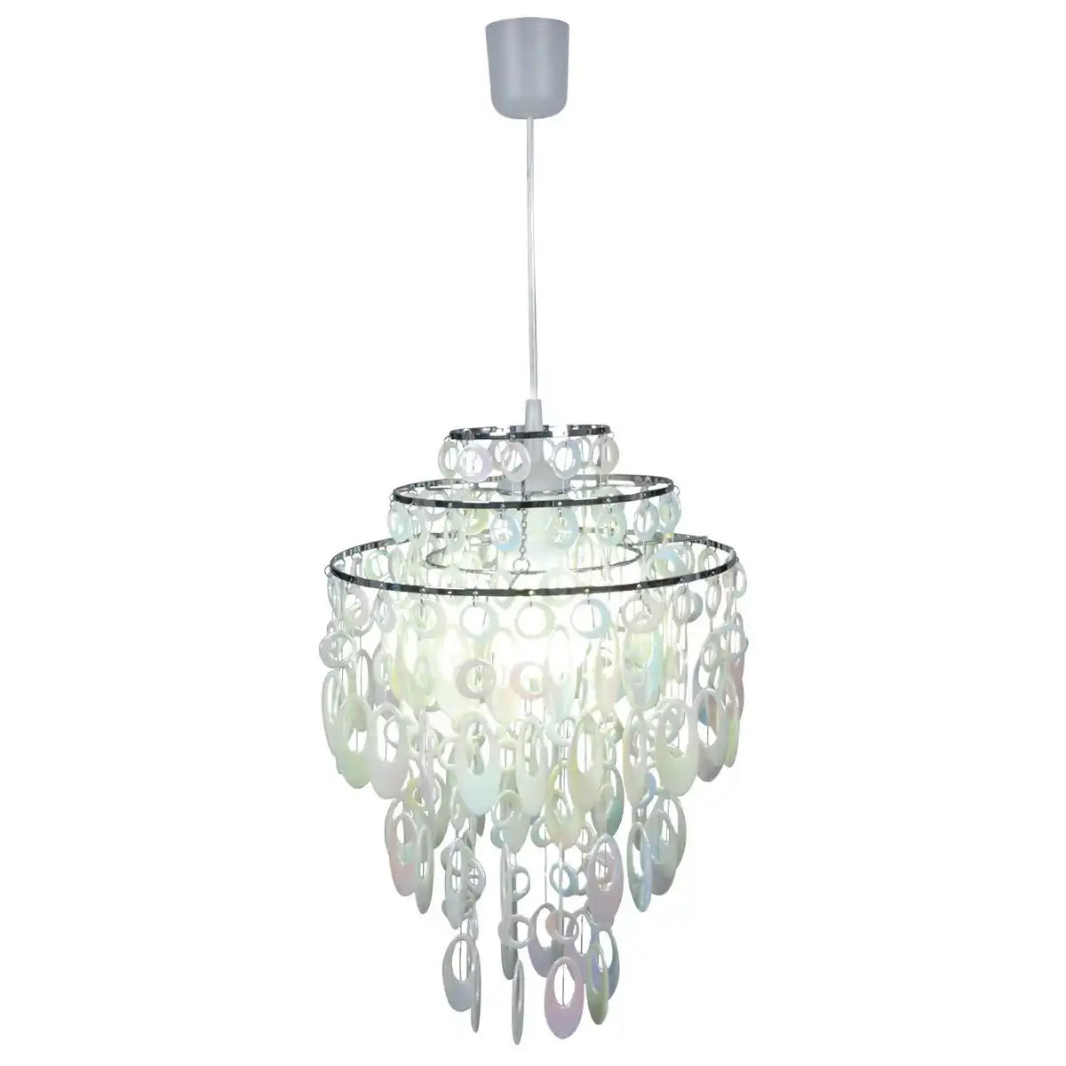 Deko-Pendelleuchte "LINA" in Chrom und Perlmutt, moderner Kronleuchter aus Metall und Kunststoff, mit E27-Fassung, für Esszimmer, Wohnzimmer, Diele oder Büro, 50 cm hoch Ø32 cm