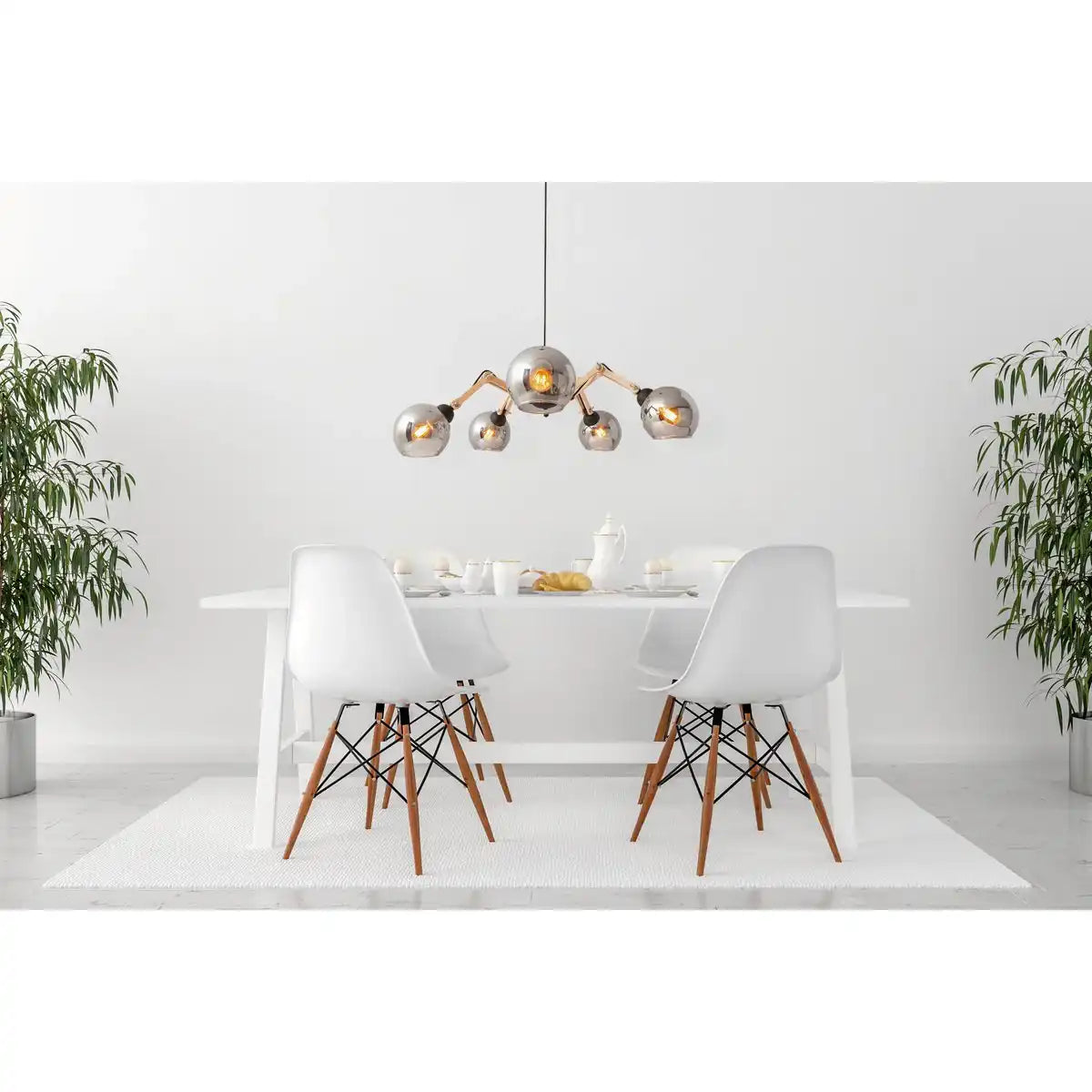 5er Glas-Pendelleuchte "SOITO" Hängelampe aus Metall, Glas und Gummibaumholz, mit E14-Fassung, für Esszimmer, Wohnzimmer, Diele oder Büro, 80 cm Durchmesser