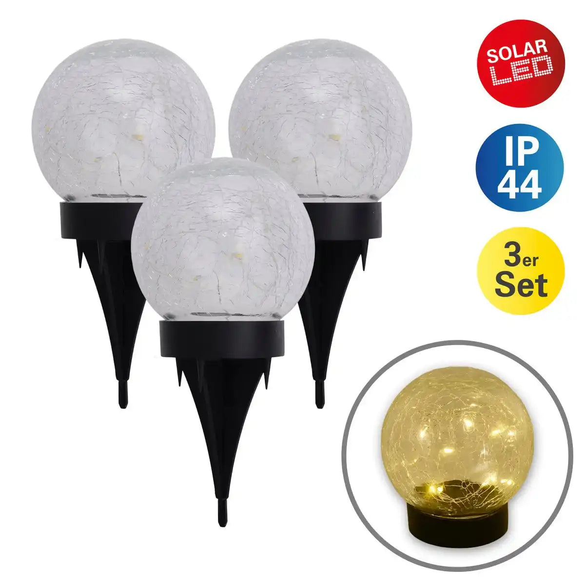 3er-Set LED-Solar-Tischleuchte/Erdspieß "Crackle" Ø 12cm , für Außen, Tischleuchte - Kunststoff und Glas , Weiß, mit integrierter LED