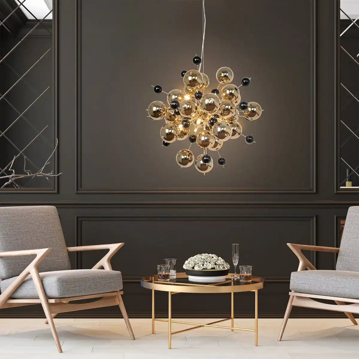 Pendelleuchte "EXPLOSION" Gold aus Metall und Glas, G9 Fassungen, Hängelampe für Esszimmer, Wohnzimmer, Diele oder Büro, Øca. 65 cm