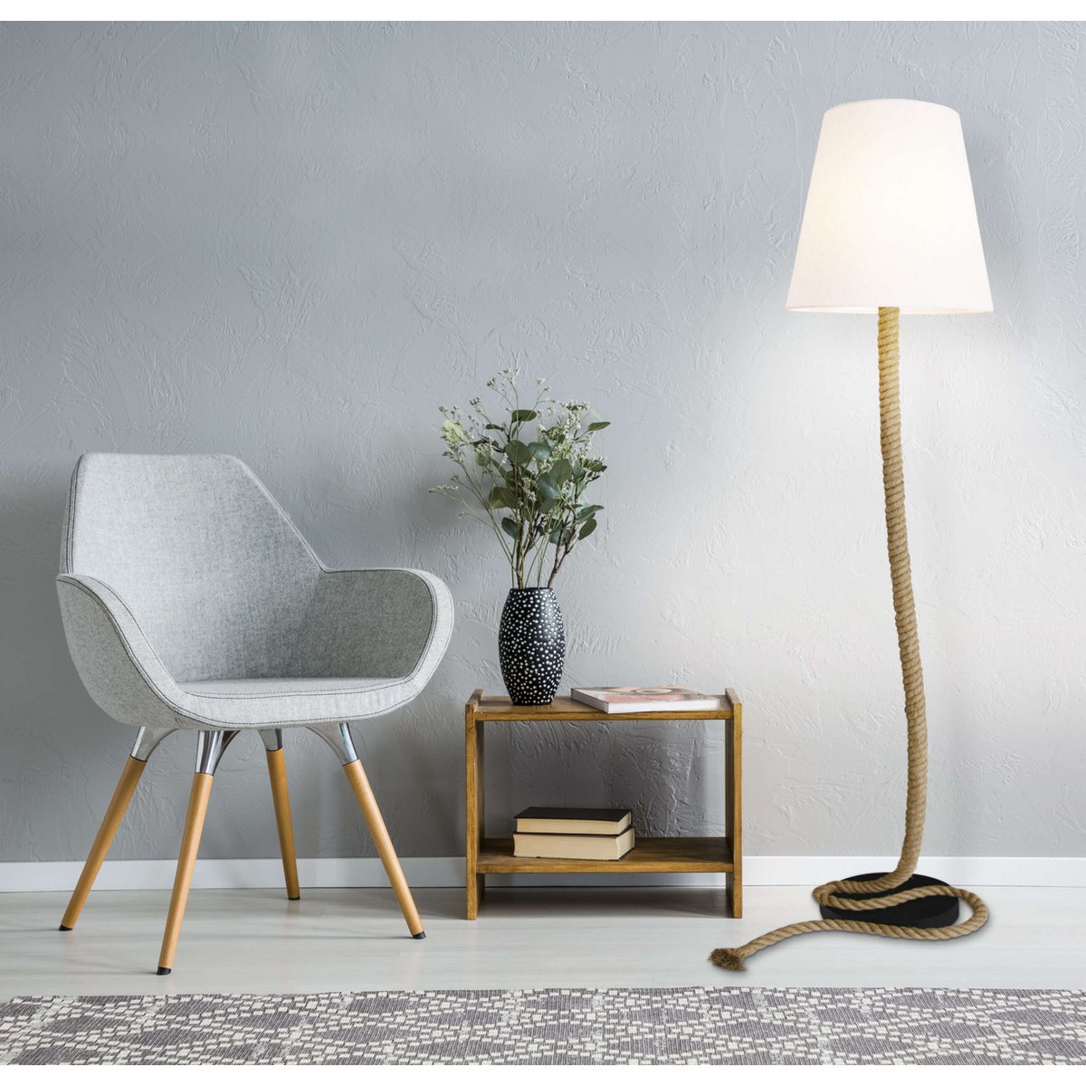 Stehleuchte "ROPE" aus Metall, Kunststoff, Jute und Textilmaterial in Natur, mit E27-Fassung, Beleuchtung für Wohnzimmer, Esszimmer oder Büro, 165 cm hoch