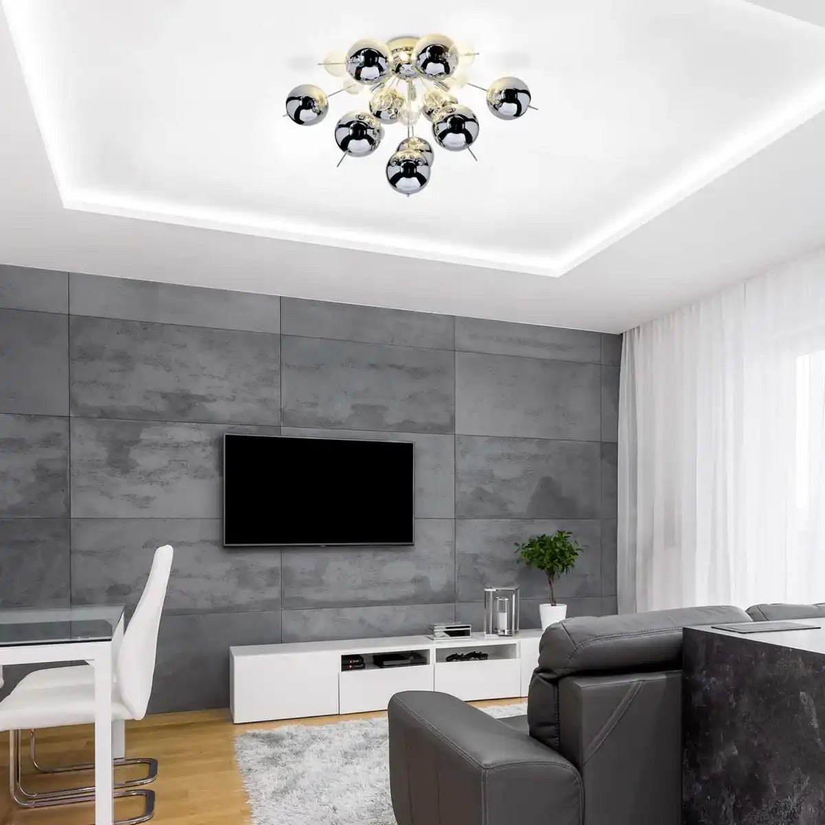 Deckenleuchte "EXPLOSION" chrom aus Metall und Glas, G9 Fassungen, Deckenlampe für Esszimmer, Wohnzimmer, Diele oder Büro, Ø57 cm