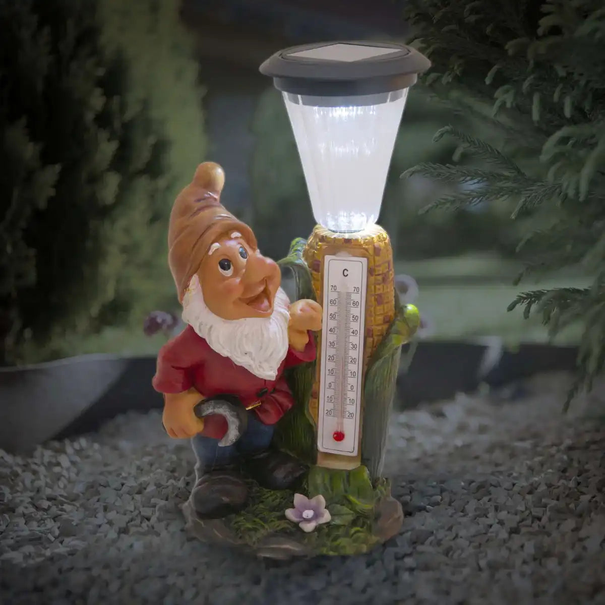 LED Deko Solarleuchte "Zwerg" mit Thermometer aus bemaltem Polyresin, ca 26 cm hoch und mit fest verbauten LEDs ausgestattet