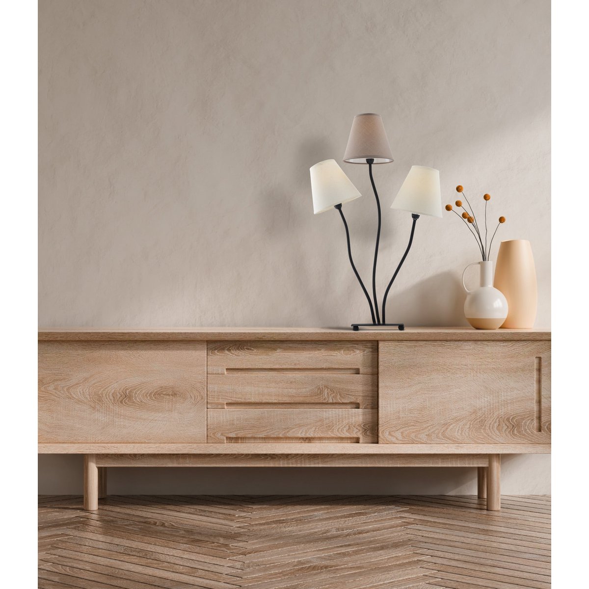 Textiltischleuchte 3-flammig ""BOHO"", Tischlampe in Beige/Braun, mit E14-Fassung, für Esszimmer, Wohnzimmer, Diele oder Büro, 67 cm hoch
