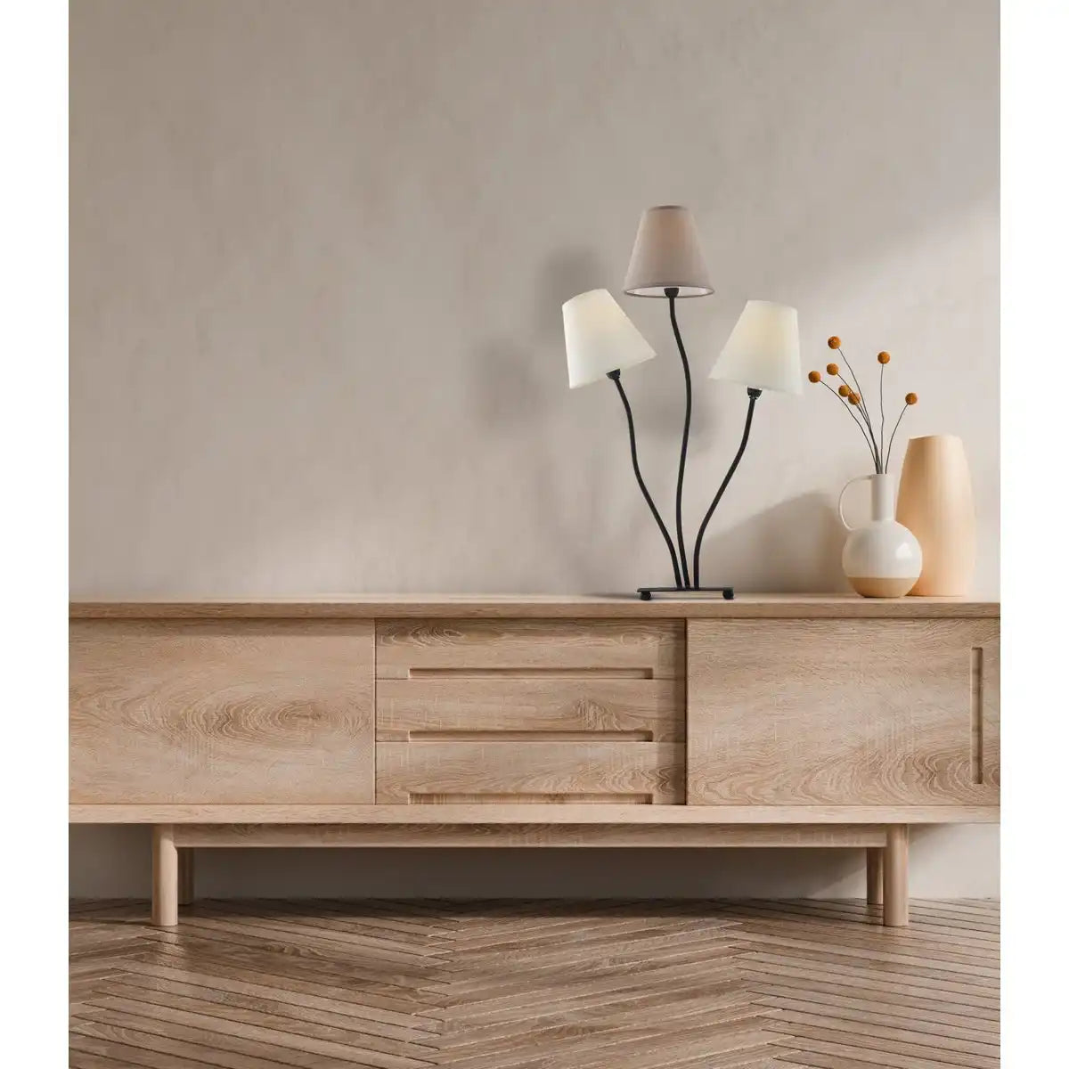 Textiltischleuchte 3-flammig ""BOHO"", Tischlampe in Beige/Braun, mit E14-Fassung, für Esszimmer, Wohnzimmer, Diele oder Büro, 67 cm hoch