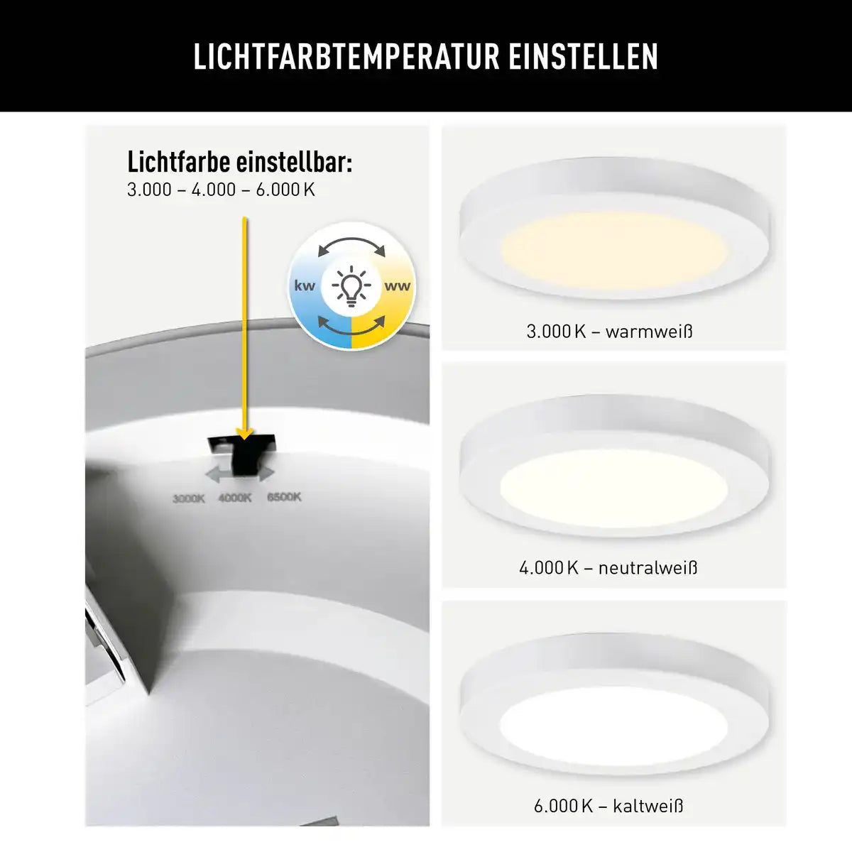 LED Deckenleuchte "BONUS" Ø16,5 cm, Funktionsleuchte Einbau- und Aufbau möglich, Deckenlampe aus Metall und Kunststoff in weiß, mit fest verbauten LEDs, inkl. CCT-Farbwechsler